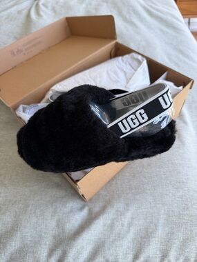 UGG Black Plush Slide with Branded Elastic Heel